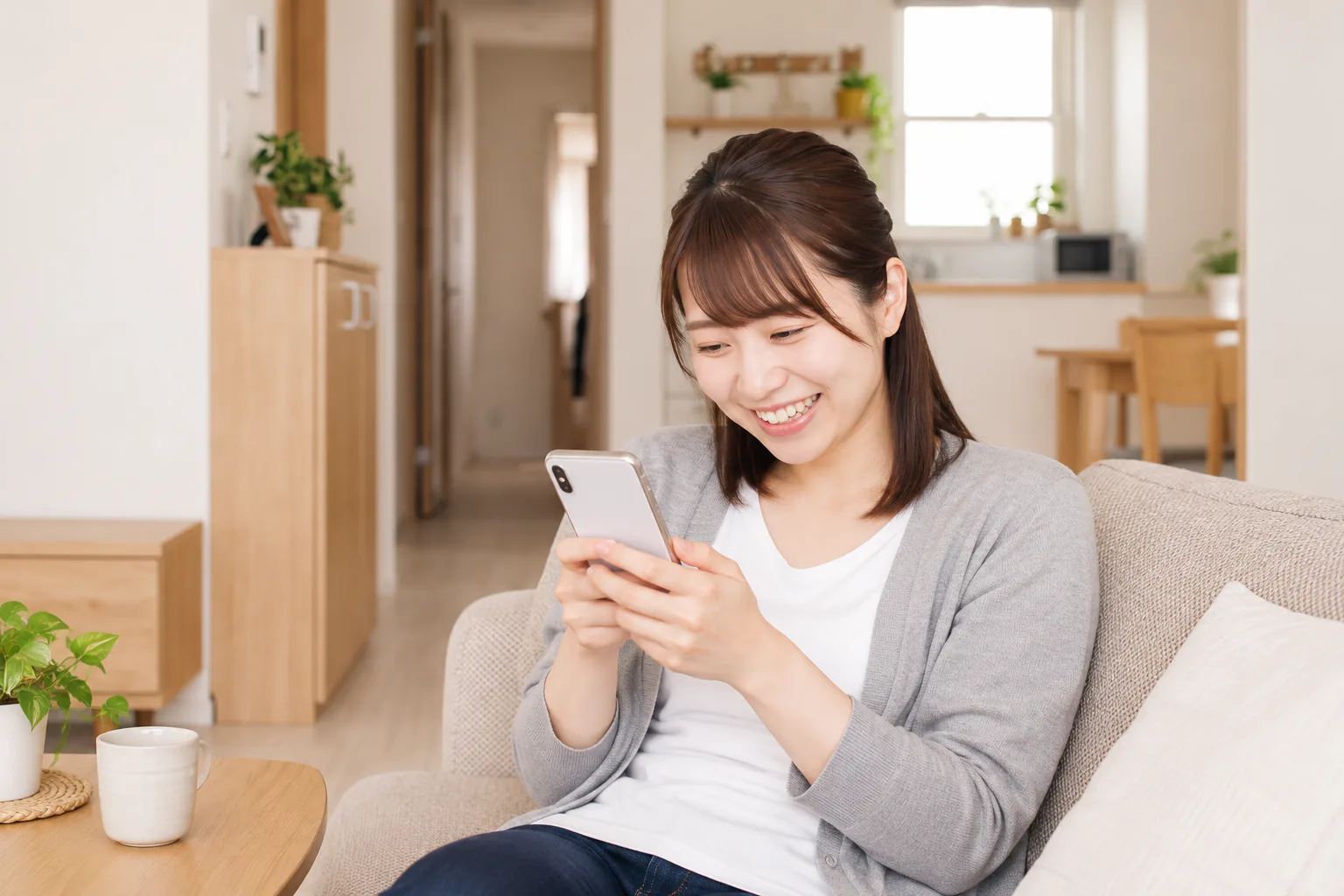 ソファでスマートフォンを見て微笑む女性