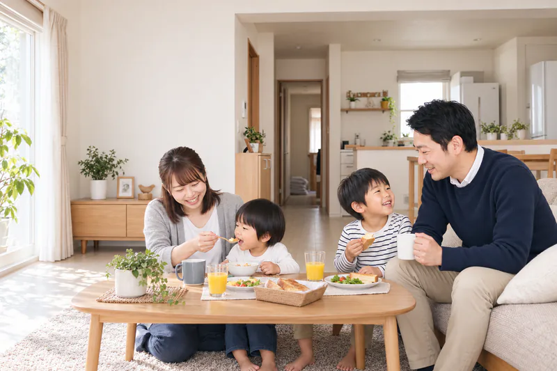 朝、朝食をとる家族。工事は朝にはじめて、その日の夕方に終わる(イメージ)