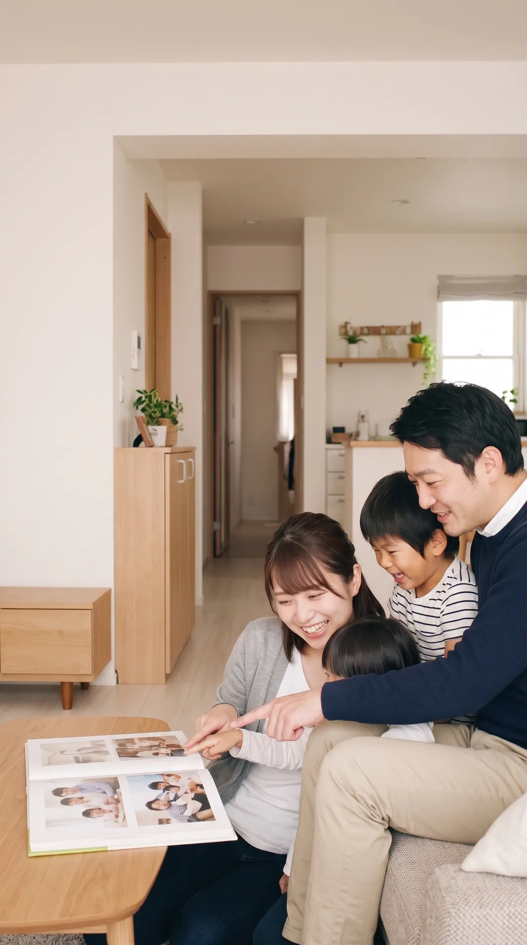 リビングでアルバムを見ながら過ごすご家族