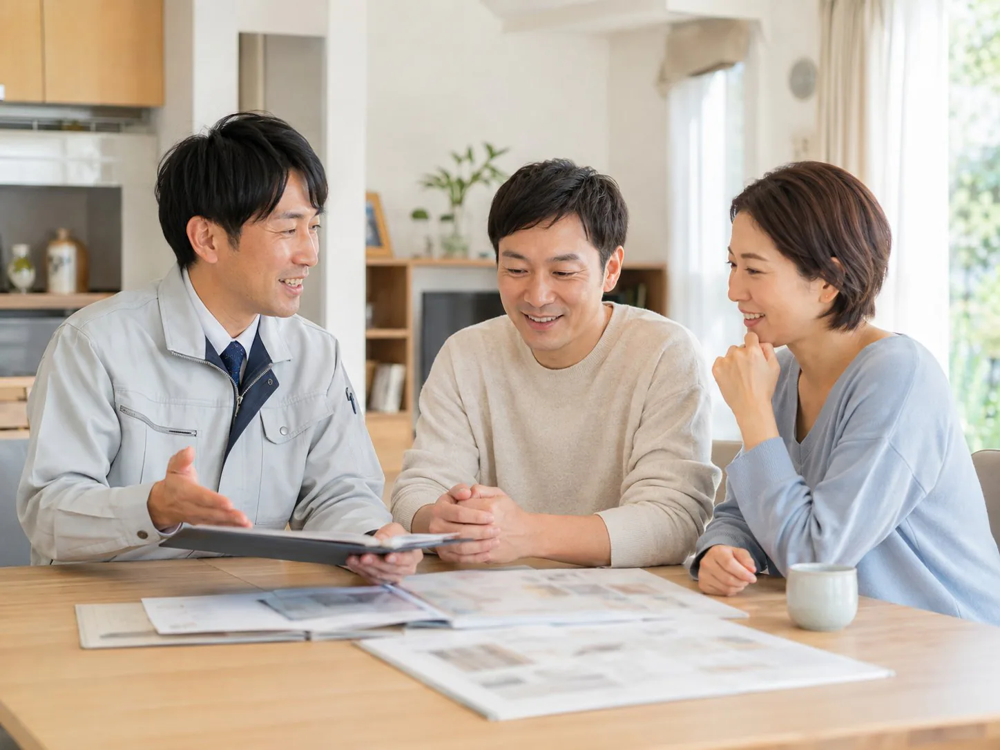リビングでスタッフがご夫婦に資料を見せながら説明している